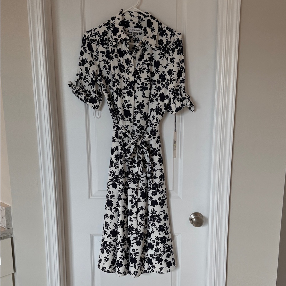 Calvin Klein Black and White Floral Midi Dress